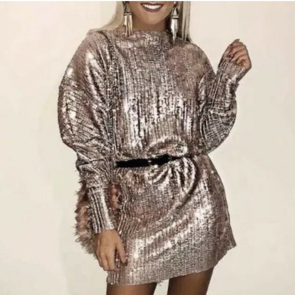 Zara Rose Gold Sequin Long Sleeve Dress - Picture 4 of 5